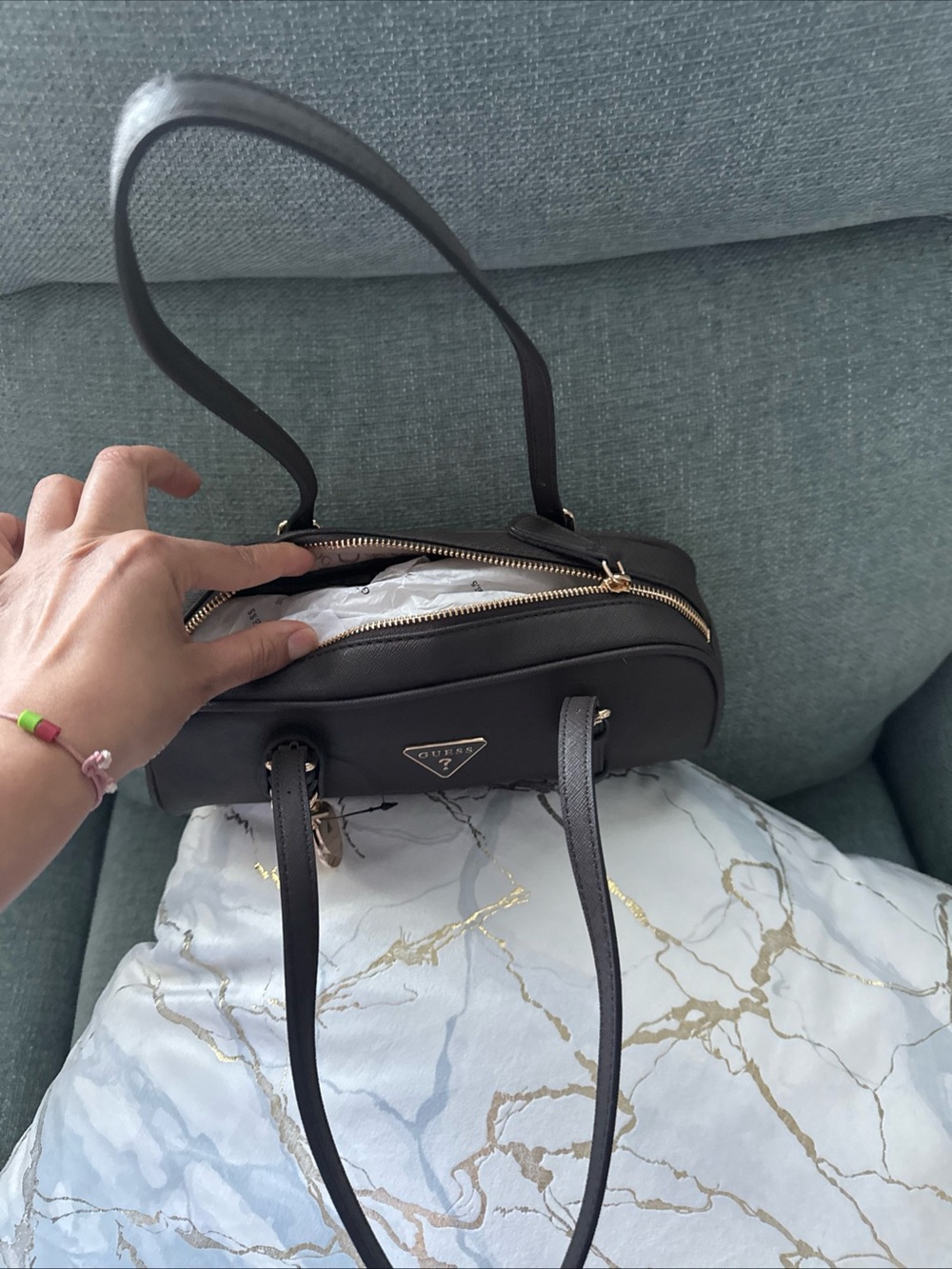 GUESS Black Barrel Satchel with Gold Hardware